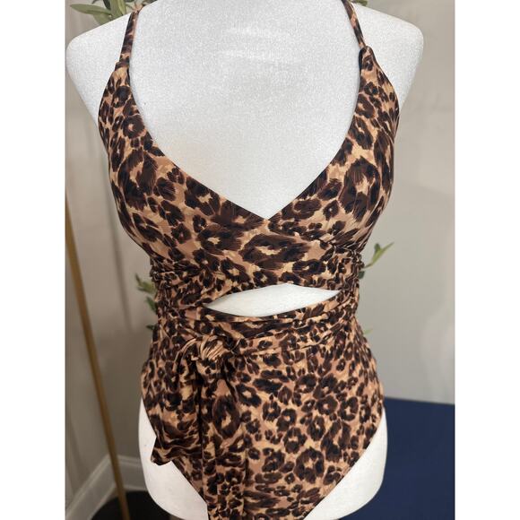 Aerie Leopard Print Swimsuit Tie Waist full coverage cut out UPF50 Sz Small - Picture 2 of 5